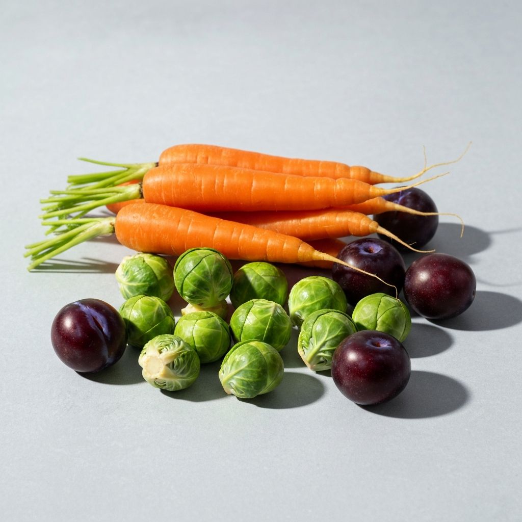 Colorful antioxidant vegetables - carrots, Brussels sprouts, plums
